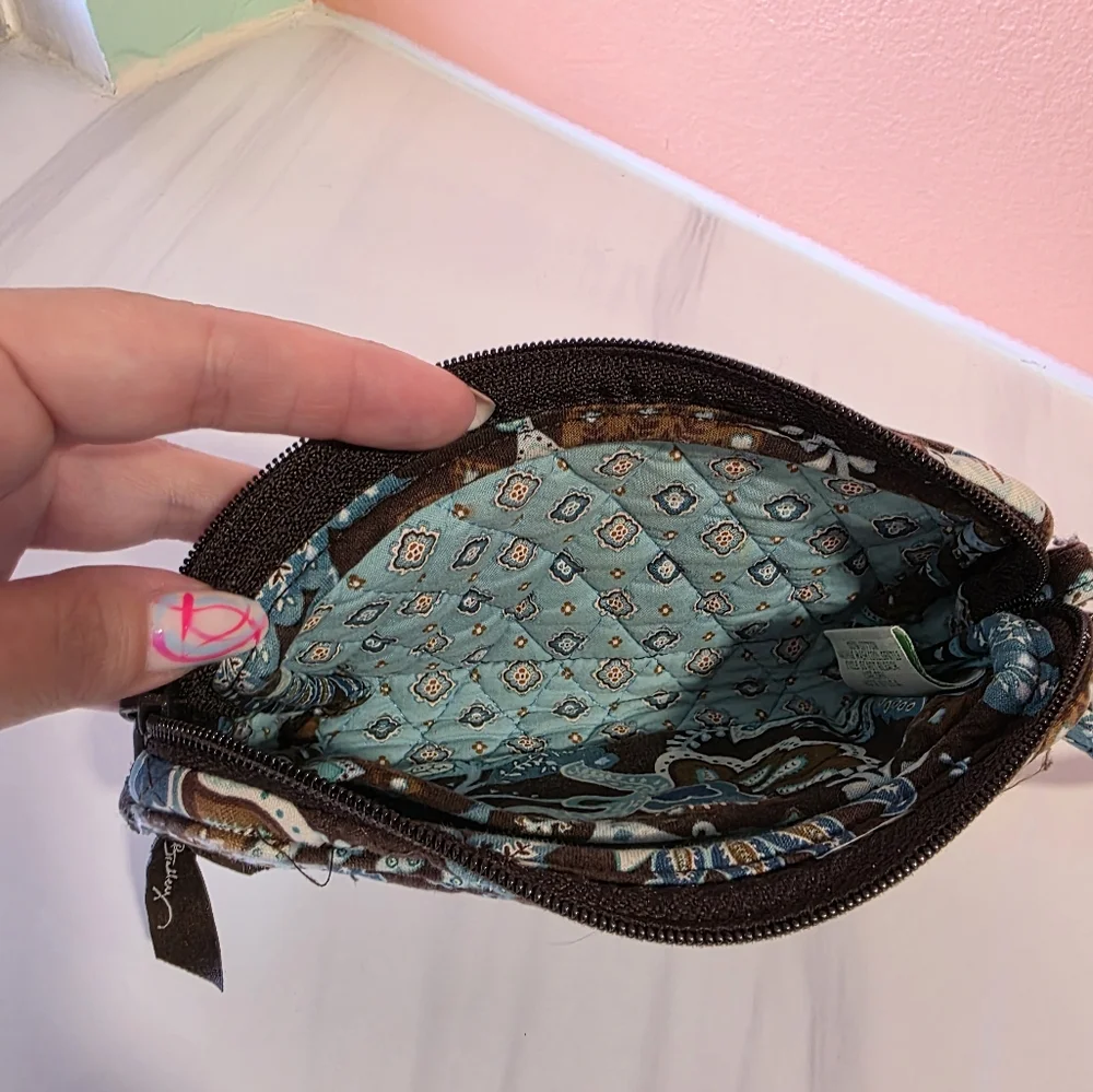 Vera Bradley Mini Bag Cosmetic Clutch Brown and Blue Paisley Floral Wristlet